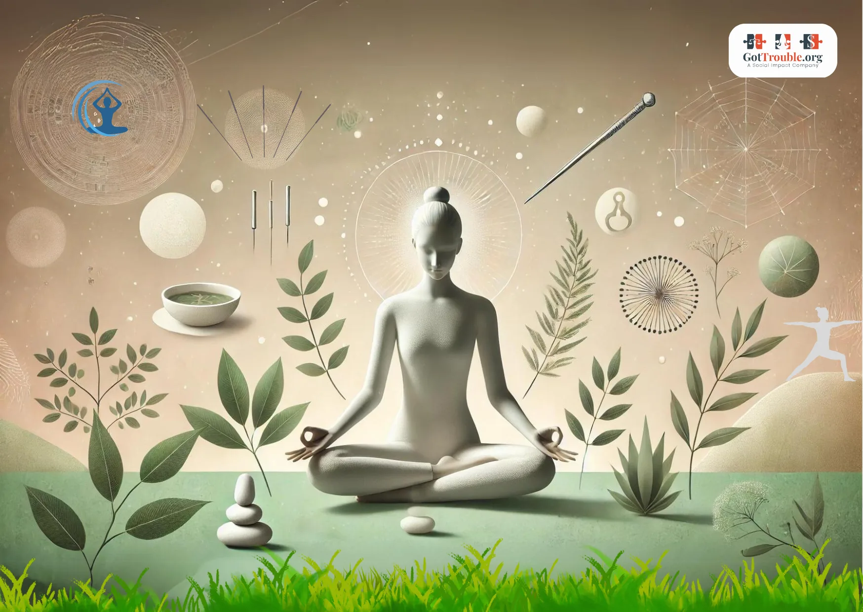  A woman is meditating, considering acupuncture and alternative homeopathic remedies to reduce stress and anxiety. illustrating Complementary and alternative treatment.