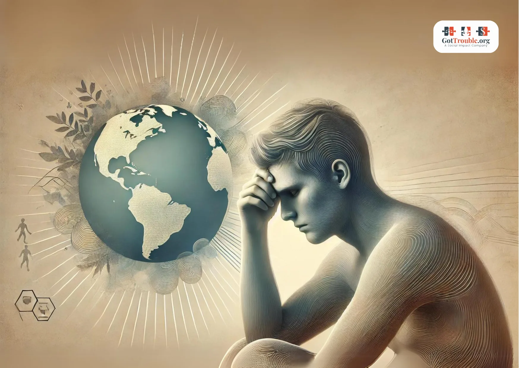  A young man is sitting alone and expressing worry and fear about global problems.