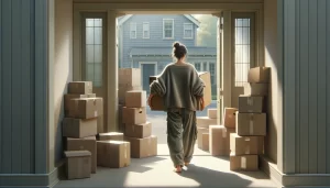 An image depicting a woman moving boxes out of her house after a divorce, capturing the moment of transition.