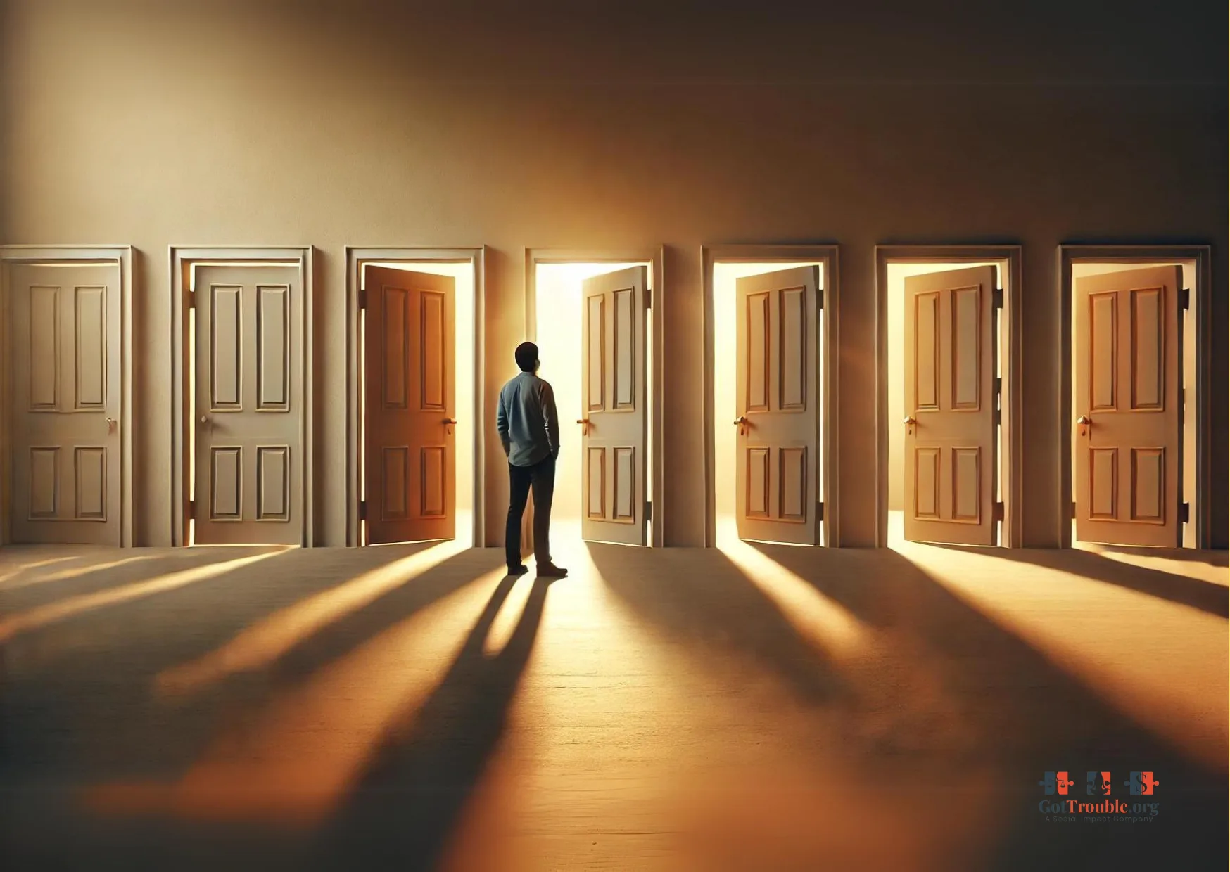 a man standing in front of several doors to find the Right Psychiatrist