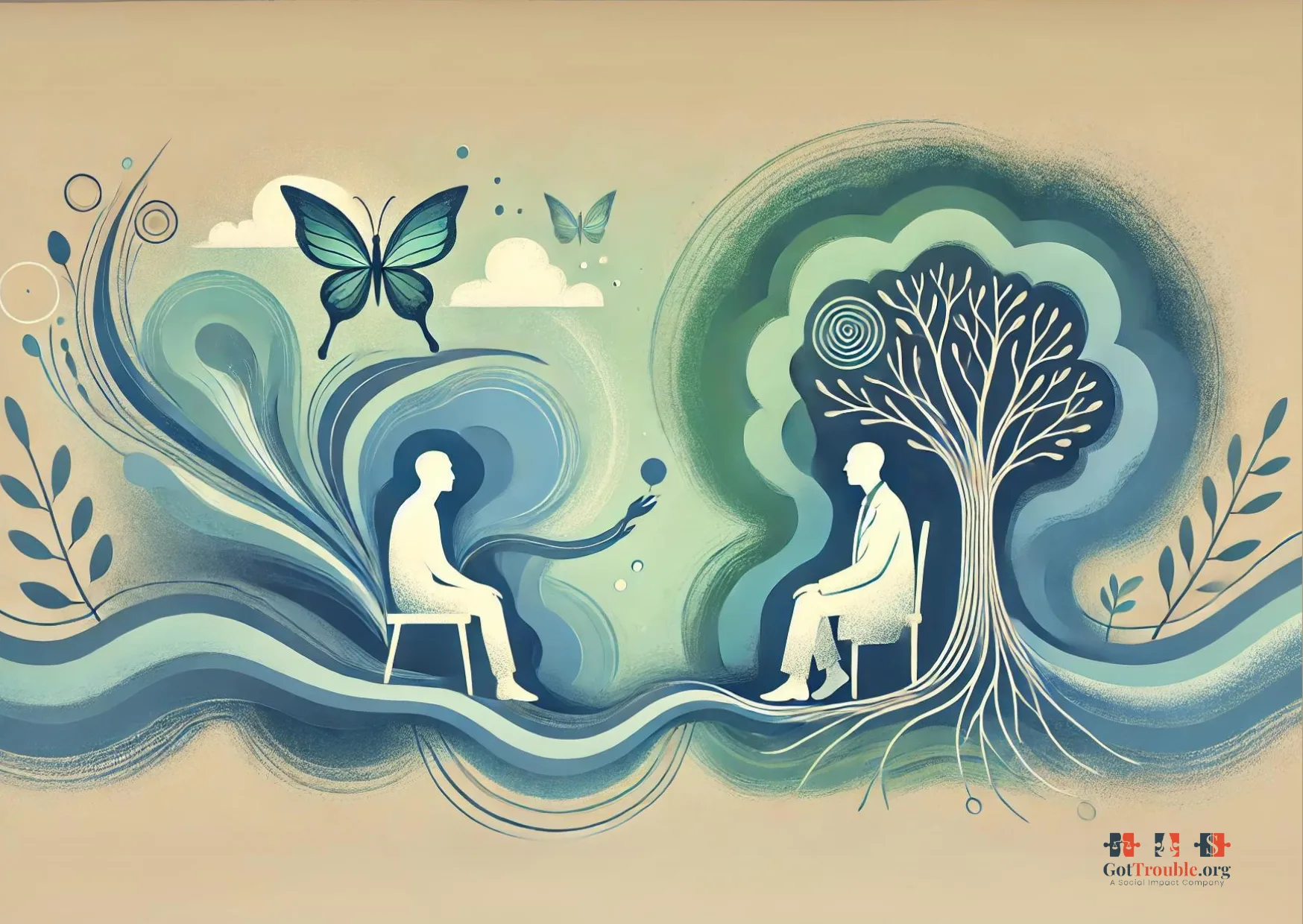 A calm and serene scene symbolizing psychiatric treatment. In the center, a figure sits in a chair, representing the patient.