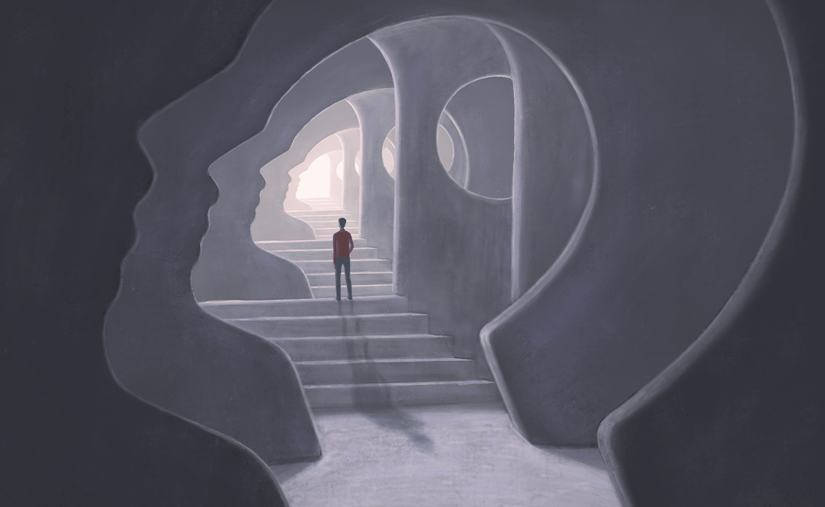 illustration of a man standing on stairs in a human mind