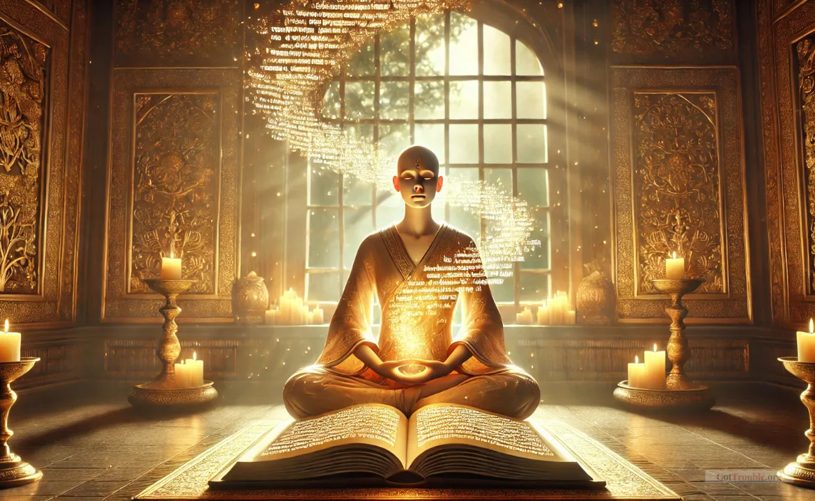 A person sitting in a lotus position spiritually connected with the universe using spiritual text