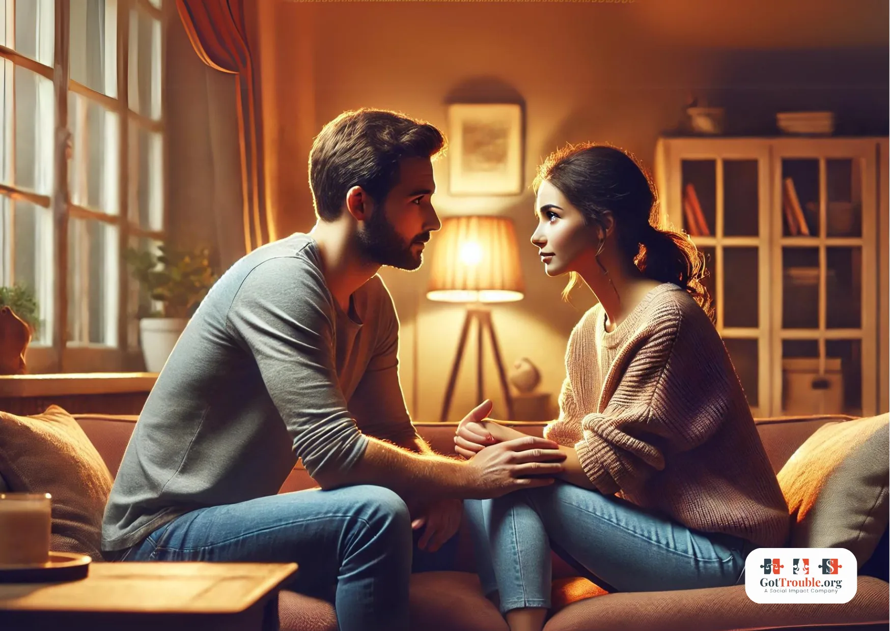 a man and woman (partners) sitting on a couch looking at each other compassionately