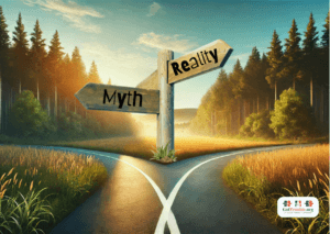 a road with two signs on it Myth and reality
