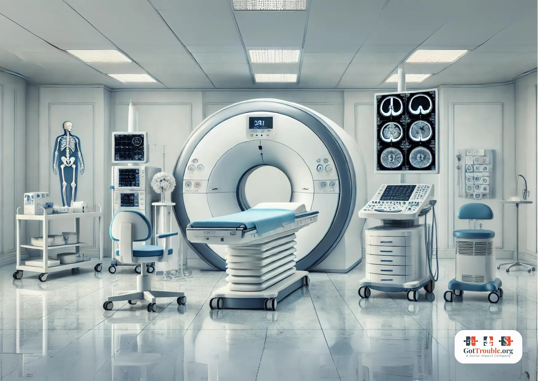 a room with various diagnostic imaging tools, including MRI, CT scanner, ultrasound, X-ray, and PET scanner in a modern medical setting
