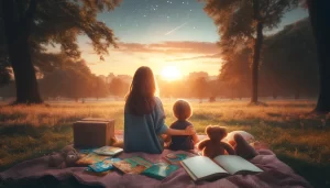 Mother and child sitting on a picnic blanket at sunset in a park, surrounded by books and a teddy bear, with a starry sky above.
