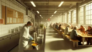 An image of a warm and active modern urban soup kitchen.