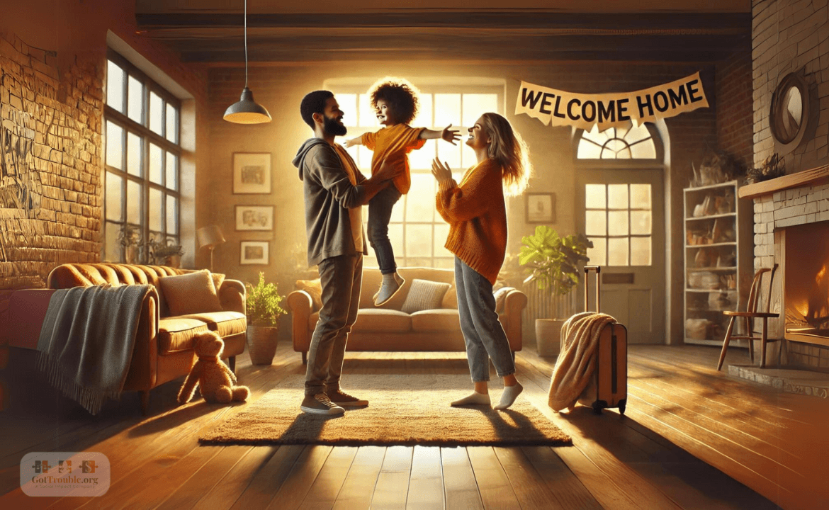 A family joyfully welcomes their newly adopted child in a warm, sunlit living room, with the child reaching out to embrace both parents amid cozy furnishings, a "Welcome Home" banner, and an excited pet at their feet.
