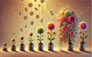 a group of coins with flowers growing on them indicating gradual increase of wealth