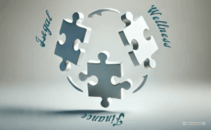 Three puzzle pieces named Legal, Wellness and Finance flying in the air indicating the connection between in all the issues and solution