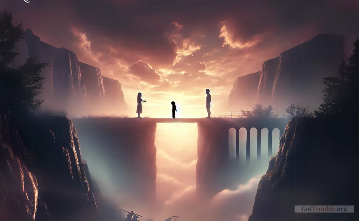 a man and woman standing on a bridge over a cliff