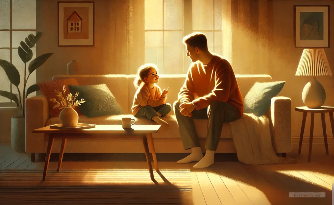  A father and young daughter openly communicate about the shift in parental custody while the father actively listens and creates a sense of stability and love for his daughter.